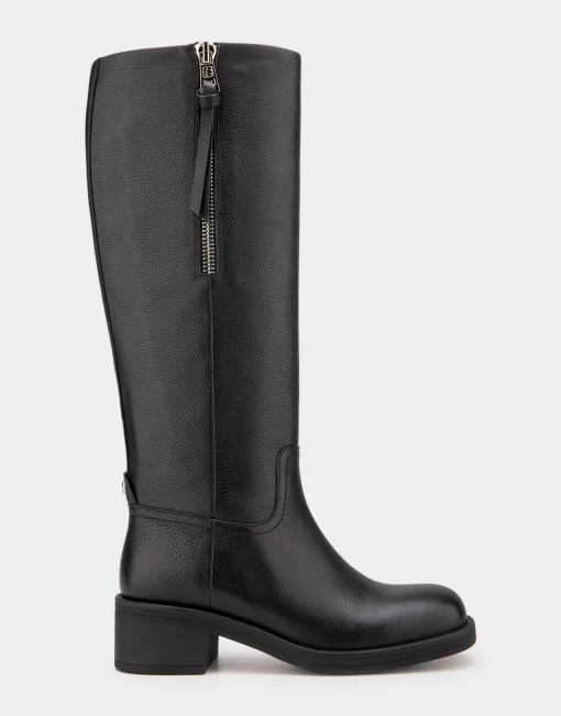 Comfortable Women's Knee High Pull On Clean Moto Boot in Black Pebbled Leather Leather