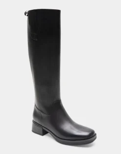 Comfortable Women's Knee High Mini Organic Mono Link Buckle Equestrian Boot in Black Faux Leather Faux Leather