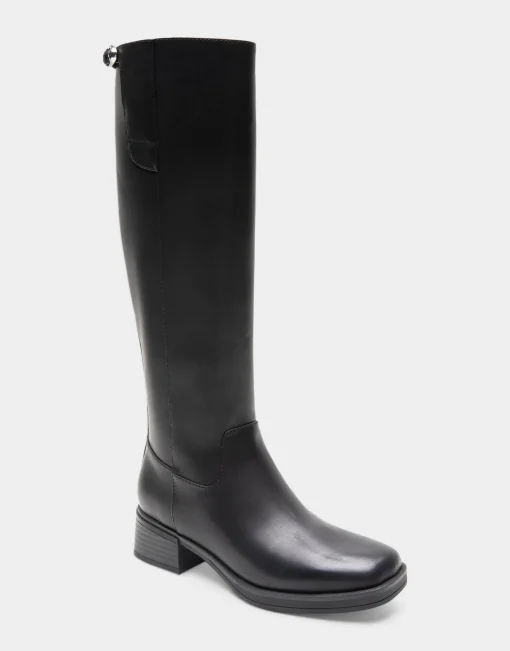 Comfortable Women's Knee High Mini Organic Mono Link Buckle Equestrian Boot in Black Faux Leather Faux Leather