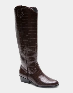 Comfortable Women's Knee High Western Boot in Java Croco Faux Leather