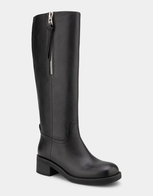 Comfortable Women's Knee High Pull On Clean Moto Boot in Black Pebbled Leather Leather