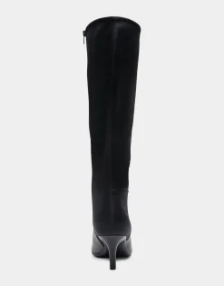 Comfortable Women's Knee High Kitten Heel Point Toe Boot in Black Faux Leather Faux Leather