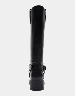 Comfortable Women's Knee High Squared Toe Engineer Boot in Black Waxy Leather