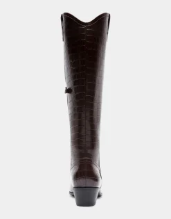 Comfortable Women's Knee High Western Boot in Java Croco Faux Leather