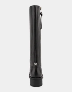 Comfortable Women's Knee High Pull On Clean Moto Boot in Black Pebbled Leather Leather