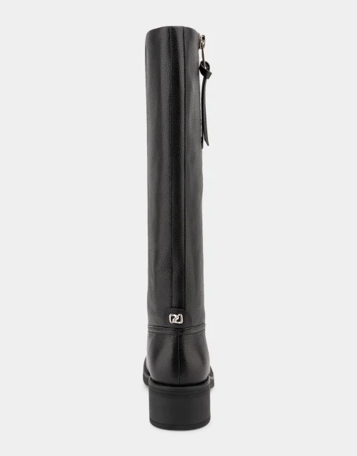 Comfortable Women's Knee High Pull On Clean Moto Boot in Black Pebbled Leather Leather