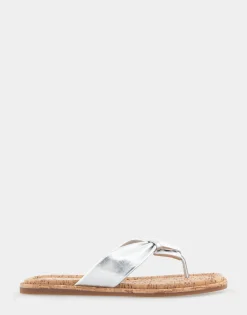 Comfortable Women's Knotted Thong Sandal in Silver Metallic Leather