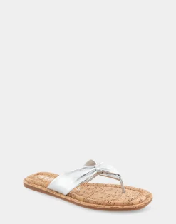 Comfortable Women's Knotted Thong Sandal in Silver Metallic Leather