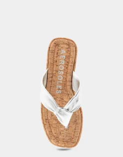 Comfortable Women's Knotted Thong Sandal in Silver Metallic Leather