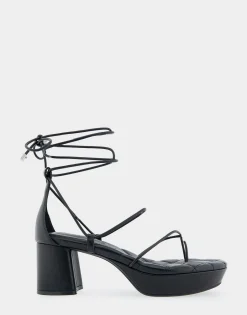 Comfortable Women's Lace Up Platform Sandal in Black Faux Leather