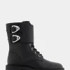 Comfortable Women's Lace Up Combat Boot With Monk Strap in Black Pebbled Leather Leather