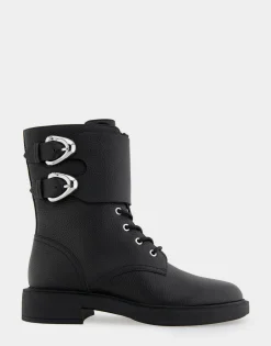 Comfortable Women's Lace Up Combat Boot With Monk Strap in Black Pebbled Leather Leather