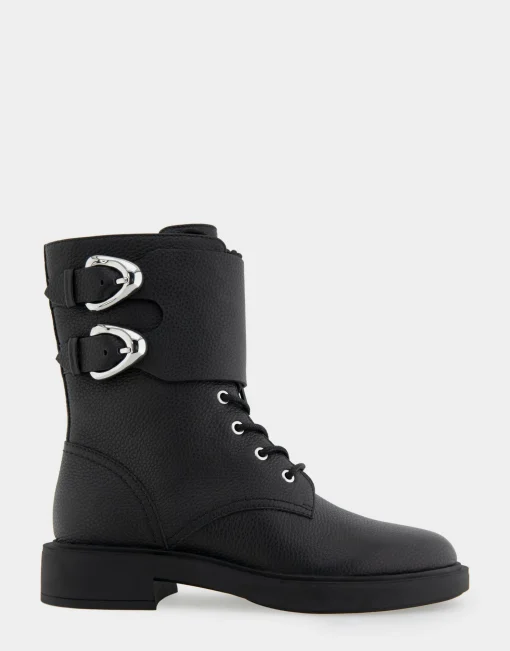 Comfortable Women's Lace Up Combat Boot With Monk Strap in Black Pebbled Leather Leather
