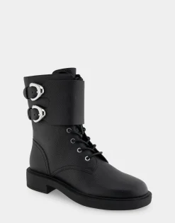 Comfortable Women's Lace Up Combat Boot With Monk Strap in Black Pebbled Leather Leather