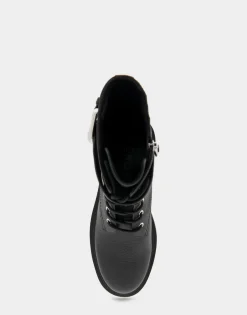 Comfortable Women's Lace Up Combat Boot With Monk Strap in Black Pebbled Leather Leather