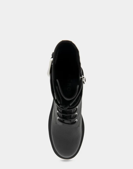 Comfortable Women's Lace Up Combat Boot With Monk Strap in Black Pebbled Leather Leather