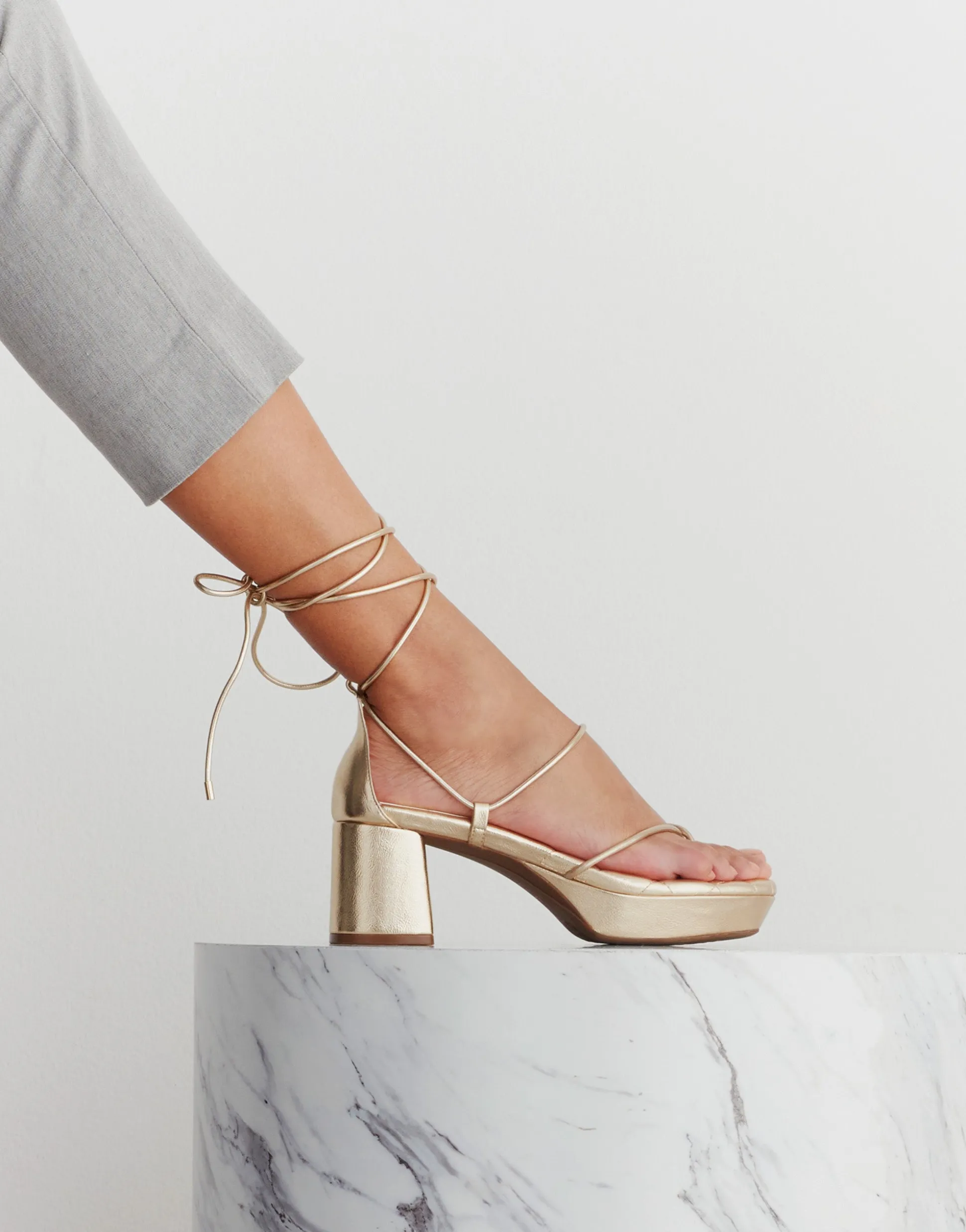 Comfortable Women's Lace Up Platform Sandal in Soft Gold Faux Leather