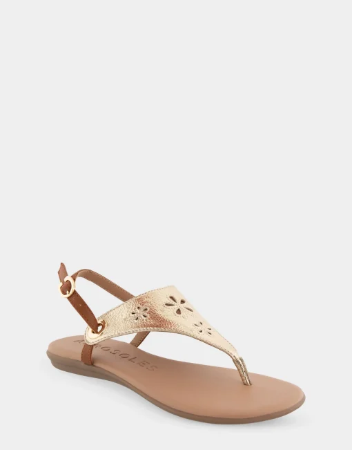 Comfortable Women's Laser Cut Slingback Thong Sandal in Soft Gold Faux Leather