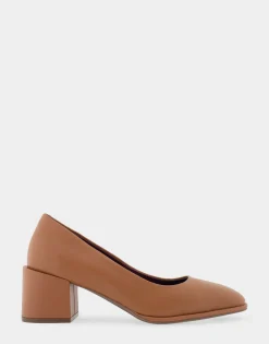 Comfortable Women's Mid Heel Pump in Tan Genuine Leather