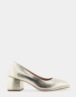 Comfortable Women's Mid Heel Pump in Gold Genuine Leather