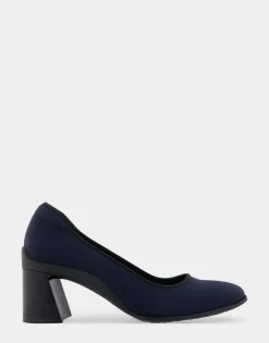 Comfortable Women's Mid Heel Pump in Navy Stretch Gabardine Fabric