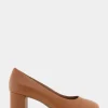 Comfortable Women's Mid Heel Pump in Tan Genuine Leather
