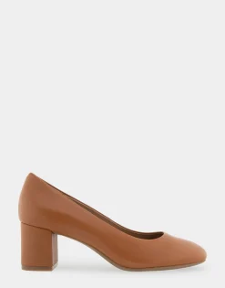 Comfortable Women's Mid Heel Pump in Tan Genuine Leather