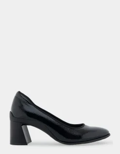 Comfortable Women's Mid Heel Pump in Black Patent Faux Leather