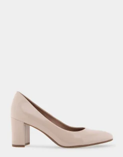 Comfortable Women's Mid Heel Pump in Natural Patent Faux Leather