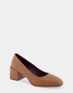 Comfortable Women's Mid Heel Pump in Tan Genuine Leather