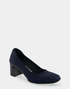Comfortable Women's Mid Heel Pump in Navy Stretch Gabardine Fabric