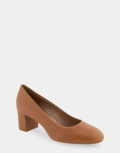 Comfortable Women's Mid Heel Pump in Tan Genuine Leather