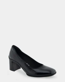 Comfortable Women's Mid Heel Pump in Black Patent Faux Leather