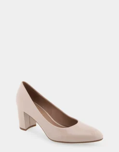 Comfortable Women's Mid Heel Pump in Natural Patent Faux Leather