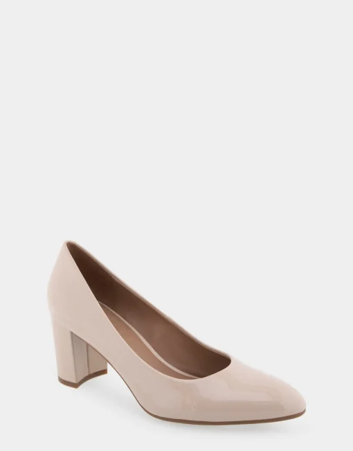 Comfortable Women's Mid Heel Pump in Natural Patent Faux Leather
