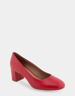 Comfortable Women's Mid Heel Pump in Racing Red Leather