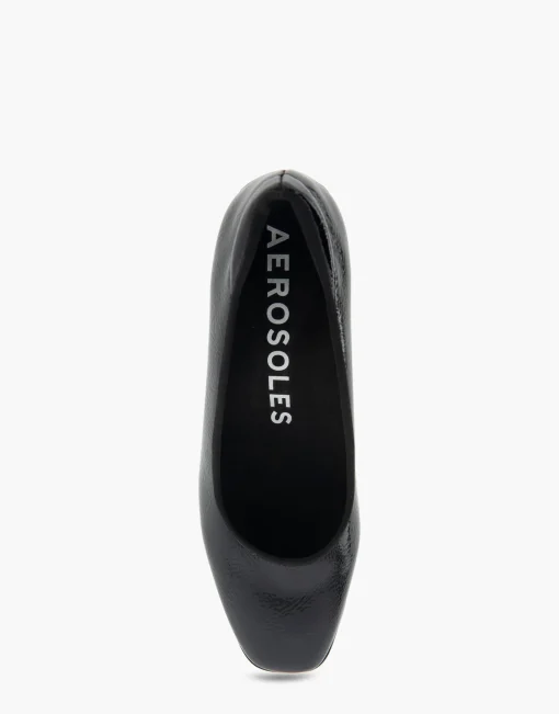 Comfortable Women's Mid Heel Pump in Black Patent Faux Leather