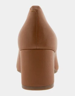 Comfortable Women's Mid Heel Pump in Tan Genuine Leather