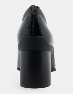 Comfortable Women's Mid Heel Pump in Black Patent Faux Leather