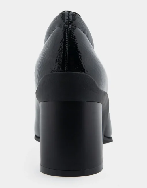 Comfortable Women's Mid Heel Pump in Black Patent Faux Leather
