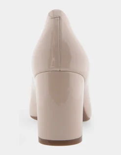 Comfortable Women's Mid Heel Pump in Natural Patent Faux Leather