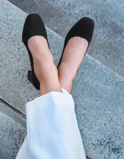 Comfortable Women's Mid Heel Pump in Black Stretch Fabric Stretch Fabric