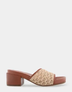 Comfortable Women's Molded Footbed Low Block Heel Slide in Natural Raffia Combo Raffia Fabric