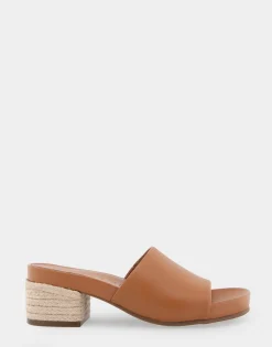 Comfortable Women's Molded Footbed Low Block Heel Slide in Tan Leather