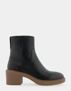 Comfortable Women's Molded Block Heel Bootie in Black Grainy Leather Leather