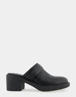 Comfortable Women's Molded Block Heel Mule in Black Pebbled Leather
