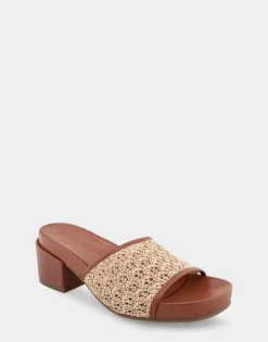 Comfortable Women's Molded Footbed Low Block Heel Slide in Natural Raffia Combo Raffia Fabric