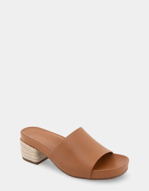 Comfortable Women's Molded Footbed Low Block Heel Slide in Tan Leather