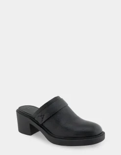 Comfortable Women's Molded Block Heel Mule in Black Pebbled Leather