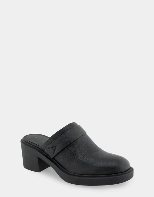 Comfortable Women's Molded Block Heel Mule in Black Pebbled Leather